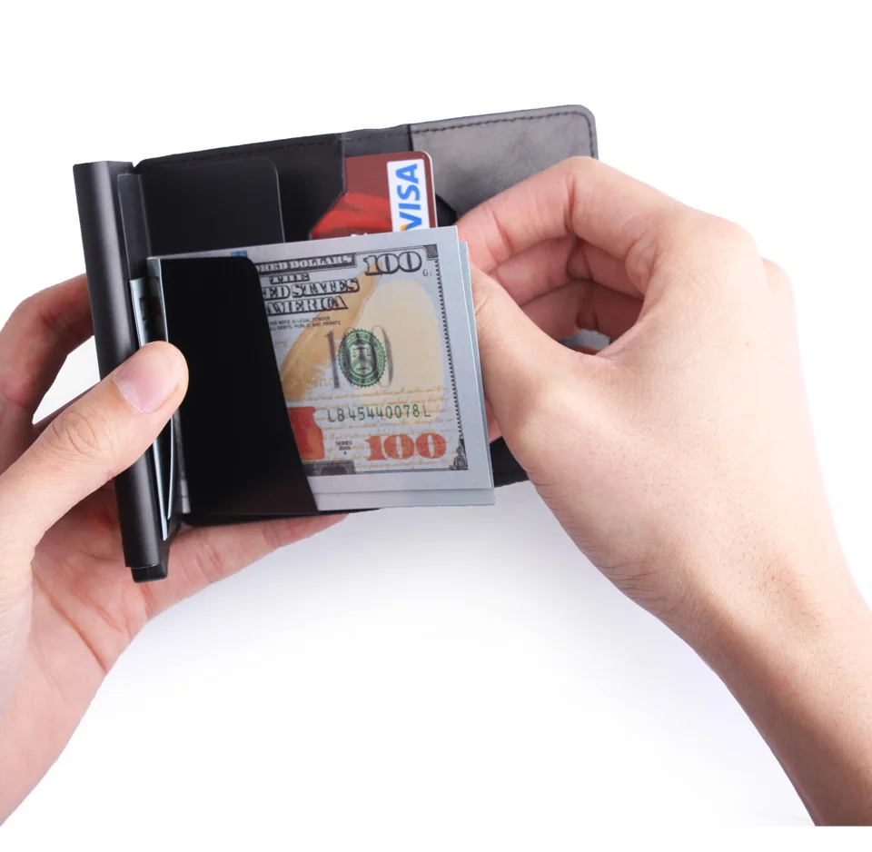 Блокирующий RFID алюминиевый тонкий кошелек кожаный держатель для карт мини металлический мужской кошелек автоматический всплывающий ID кредитный кошелек для денег и карт