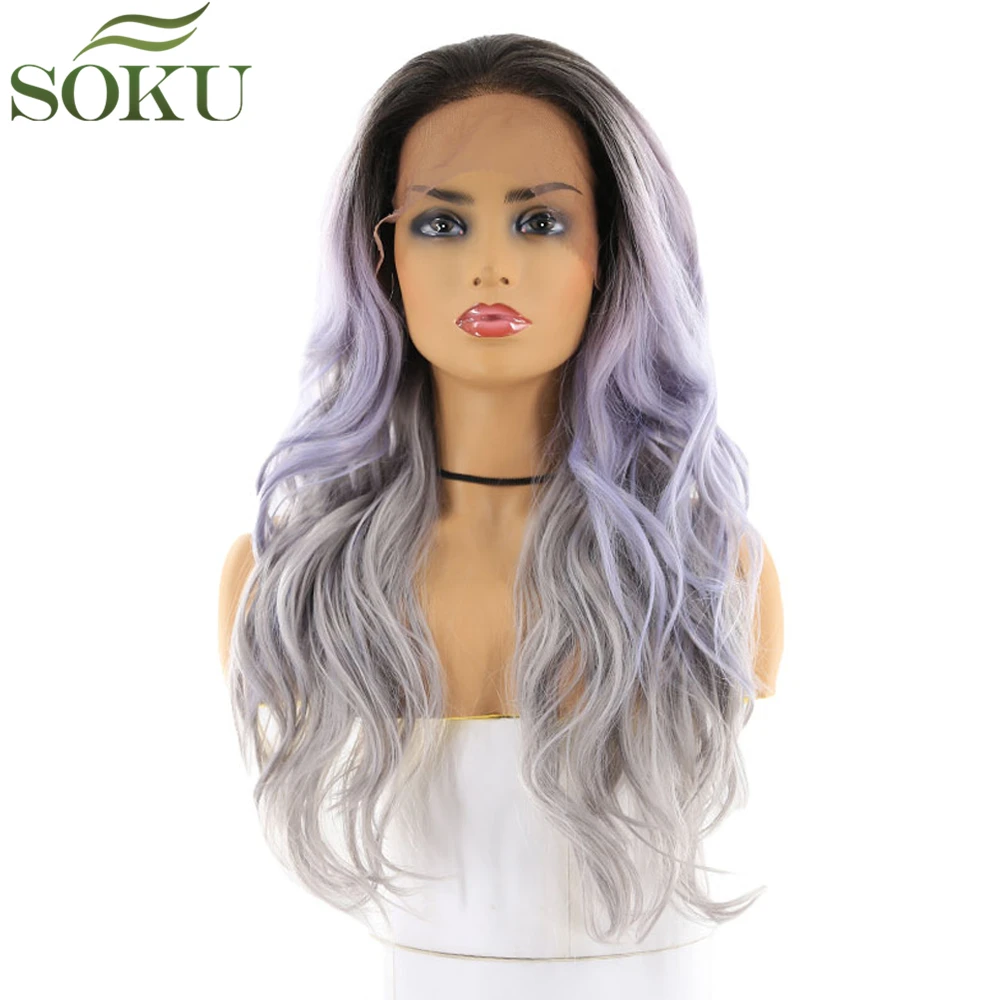 SOKU синтетические парики на кружеве длинные волнистые Омбре фиолетовый серый свободная часть парик высокотемпературное волокно 150% плотность парик для черных женщин