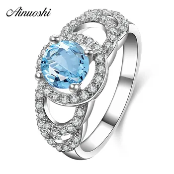 

AINUOSHI 1 Carat Round Cut Natural Blue Topaz Halo Ring Pure 925 Silver Gemstone Hollow Ring Women Engagement Party Jewelry Gift