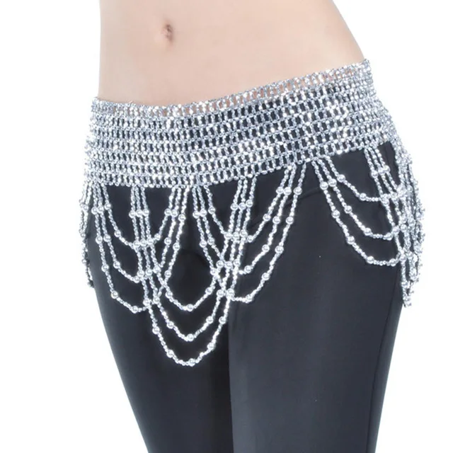 Women Bellydance Clothes Tassel Hip Scarf Belly Dance Elastic Wrapped Belt with Gold/silver Beaded Fringes Silver cross beads