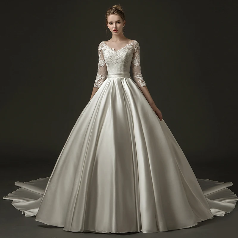 2019 New Arrival Ball Gown Lace Satin Modest Wedding Dresses With