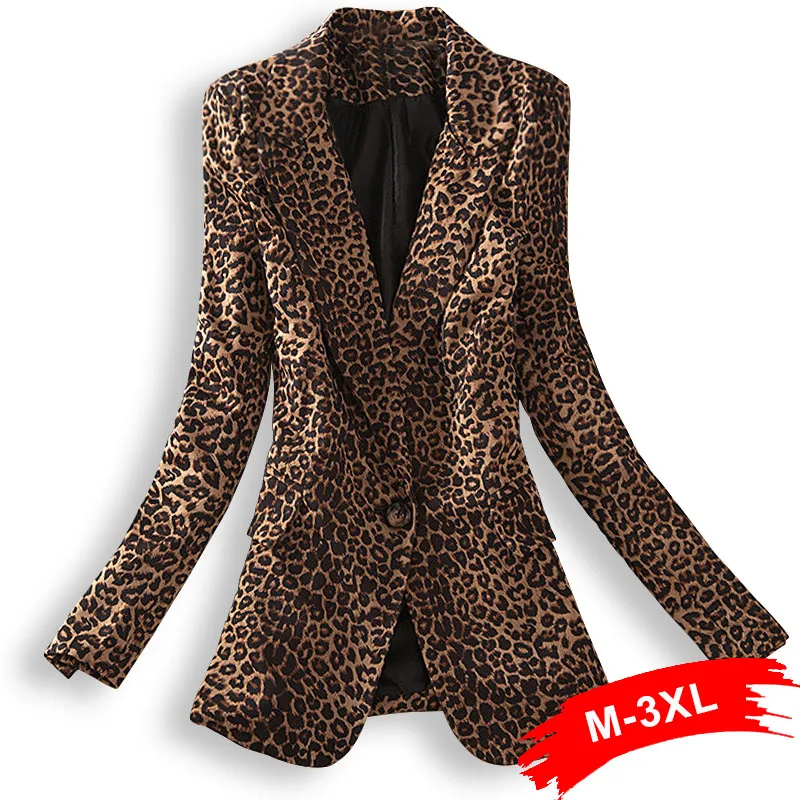 

High Street Plus Size Leopard Print Blazer Suit One Button Jacket 2Xl 3Xl Female Streetwear Outerwear Casual Long Sleeve Coat