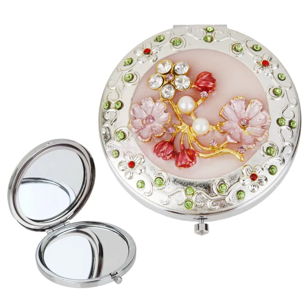 Vintage Pocket Handbag Compact Makeup Cosmetic Mirror Green Rhinestone