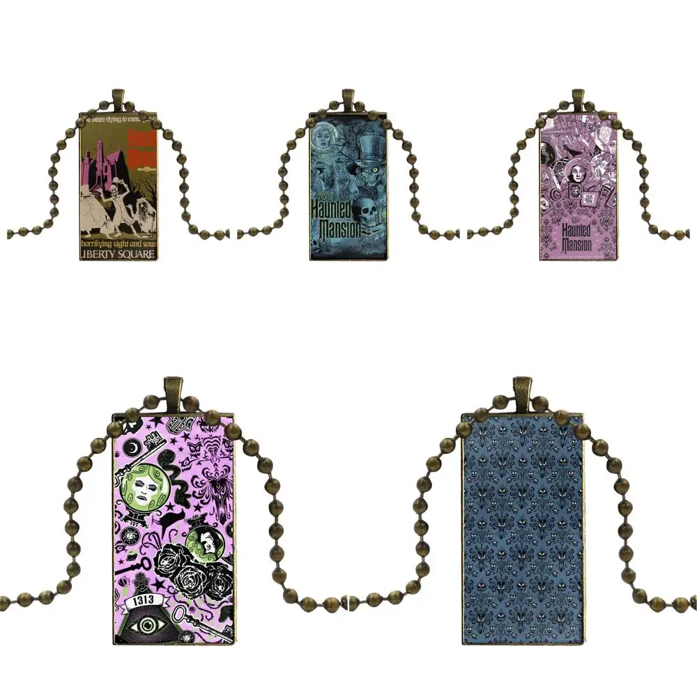 

For Women Children Glass Cabochon Jewelry Bronze Color With Long Pendant Choker Rectangle Necklace Haunted Mansion Skull