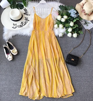 

Yellow 2019 Chiffon midi dress Summer casual female plus size lady beach vestidos Spaghetti Strap Dress Women Ladies