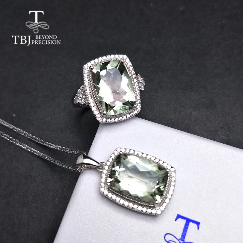 TBJ, большая подушка, 12ct, натуральный зеленый аметист, кварц, драгоценный камень, ювелирный набор, подвеска, кольцо, серебро 925 пробы, классический подарок для женщин