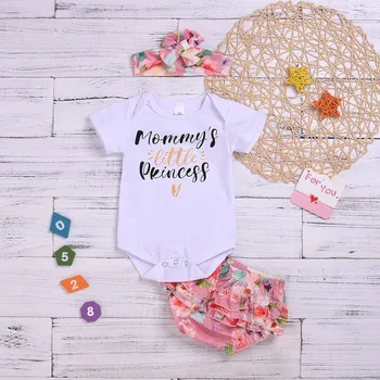 

Infant Girls Letter Print Romper Bodysuit + Floral Short + Headband Outfit Infant Clothing In Baby girl ubranka dla niemowlat