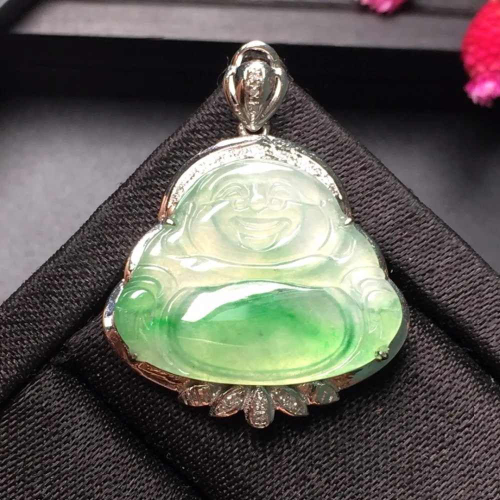 

Fine Jewelry Real 18K White Gold Buddism Buddha 100% Natural Burmes Jade Gemstones Pendant Necklace Fine Pendants Necklaces