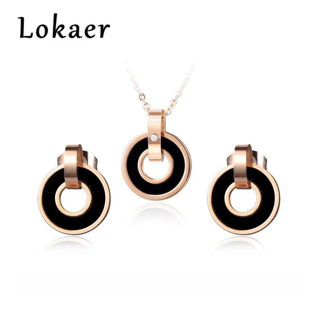 

Lokaer Classic Acrylic Double Circle Earrings & Necklace Sets Rose Gold Color Stainless Steel Wedding Set Jewelry For Women