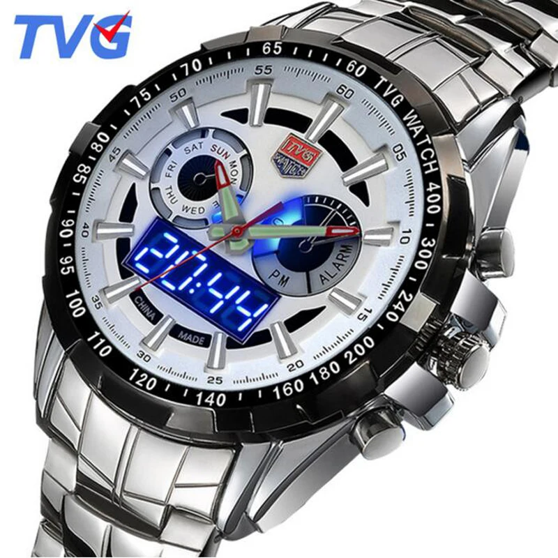 relogio TVG Watches Men Famous Brand Silver Steel Dual Display Quartz Watch Men Sapphire 100M Waterproof