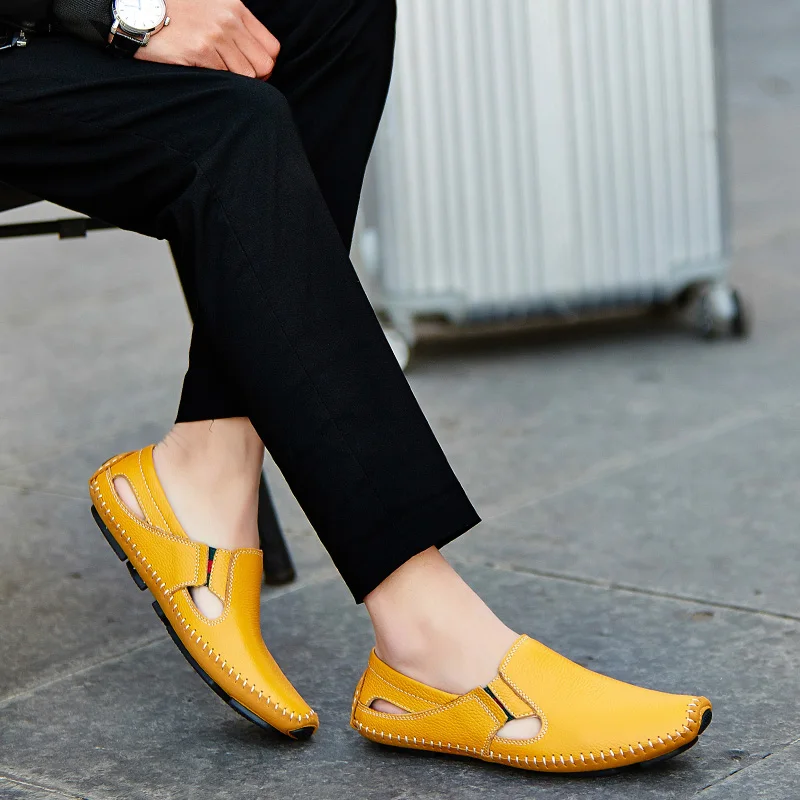 

ROMMEDAL leather men sandals slip-on summer driving party nightclub casual shoes fashion outdoor breathable footwear masculino