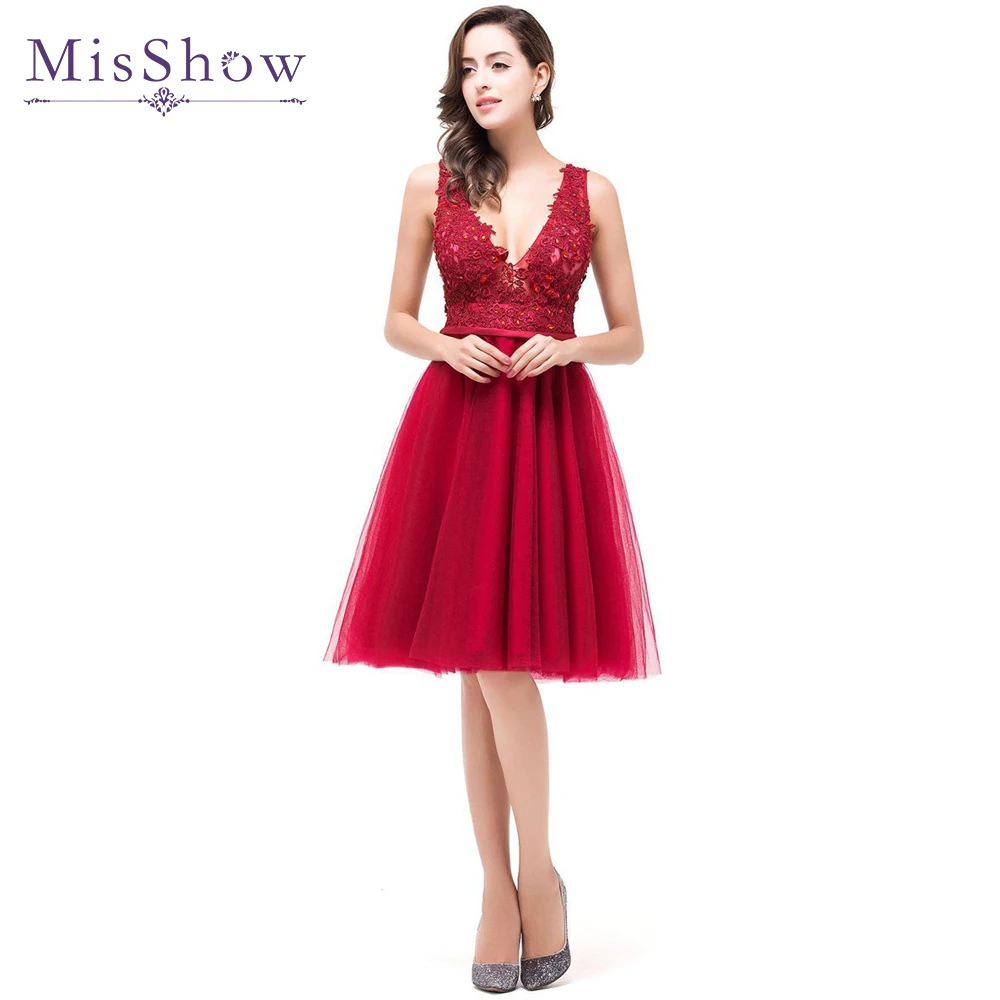 

A Line Deep V Neck Burgundy V Back Sexy Short Beaded Lace Appliques Party Prom Red Evening Dresses 2018 New Evening Gown Dress