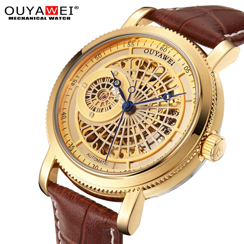 

OUYAWEI New Gold Watch Men Luxury Casual Leather Watch Strap Montre Homme Clock Men Automatic Skeleton Sport Watch
