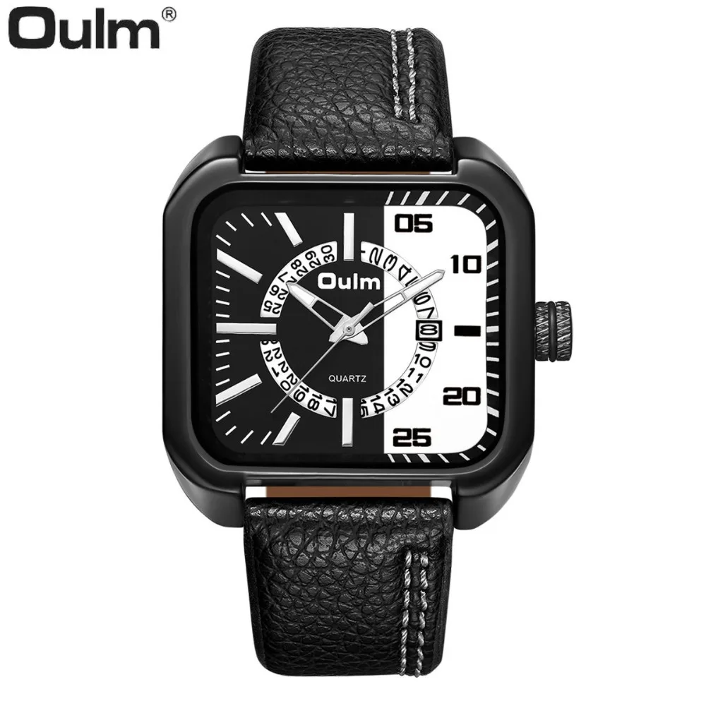 

Fashion Men's Quartz Watch 2018 OULM Square Calendar Male Wristwatch Leather Watch Band Top Brand Luxury Sport Waterproof Clock