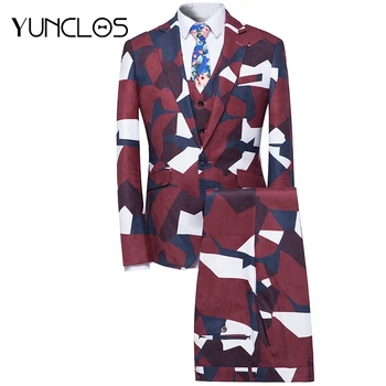 

YUNCLOS Geometry Printed Men Suit Formal Business Wedding Suit For Men 3 Pieces Slim Fit Gentleman Suits Men Clothes