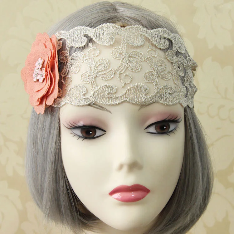 Handmade Pretty Womens 2.8&quot Width Crystal Pink Flower Filigree Lace Bungee Hair Band Elastic Headband Head Wrap Boho Party Dance |