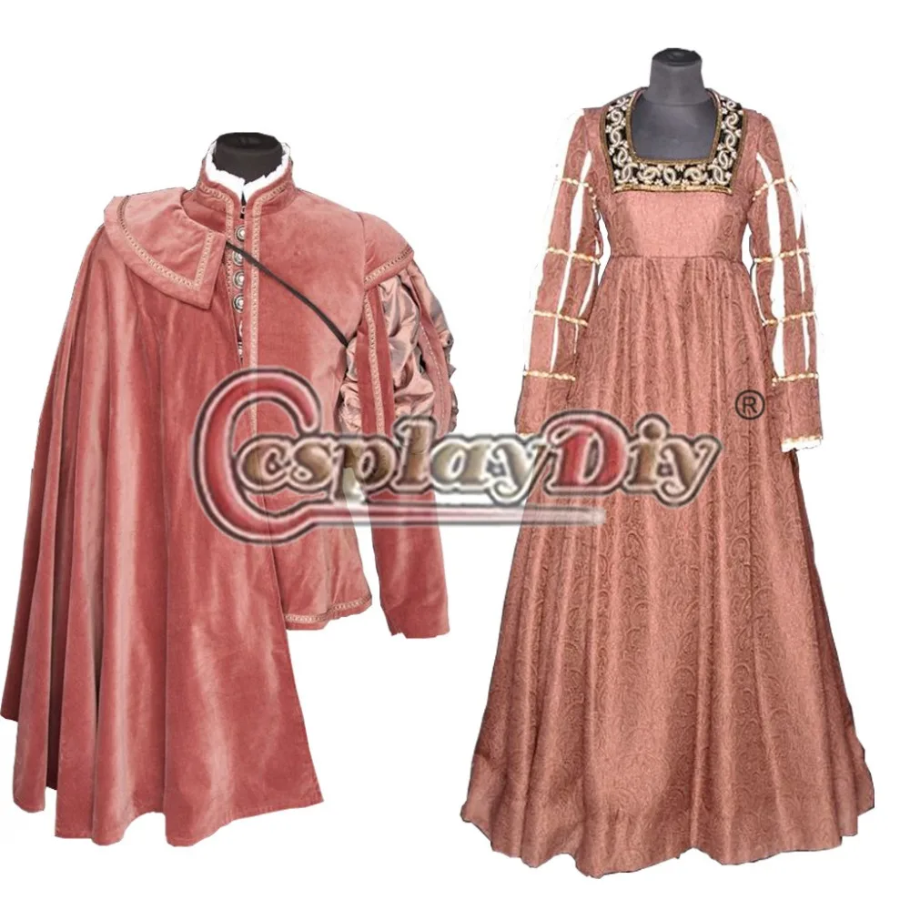 

Cosplaydiy Tudor Elizabethan Mens Pink Velvet Costume Women Pink Gown Dress Tudor Elizabethan King Queen Wedding Costume L320
