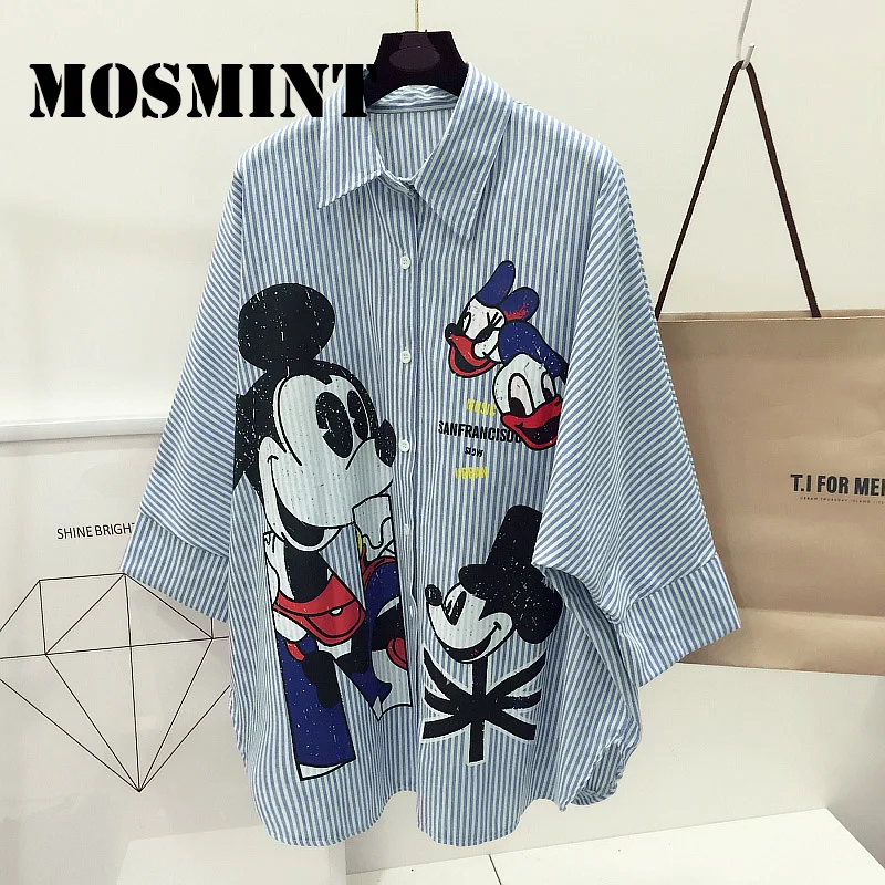 MOSMINT Mickey Daisy Duck Character Print Stripes Shirts Women 2017 Loose Vintage Cartoon Blouse Tops Female Long |