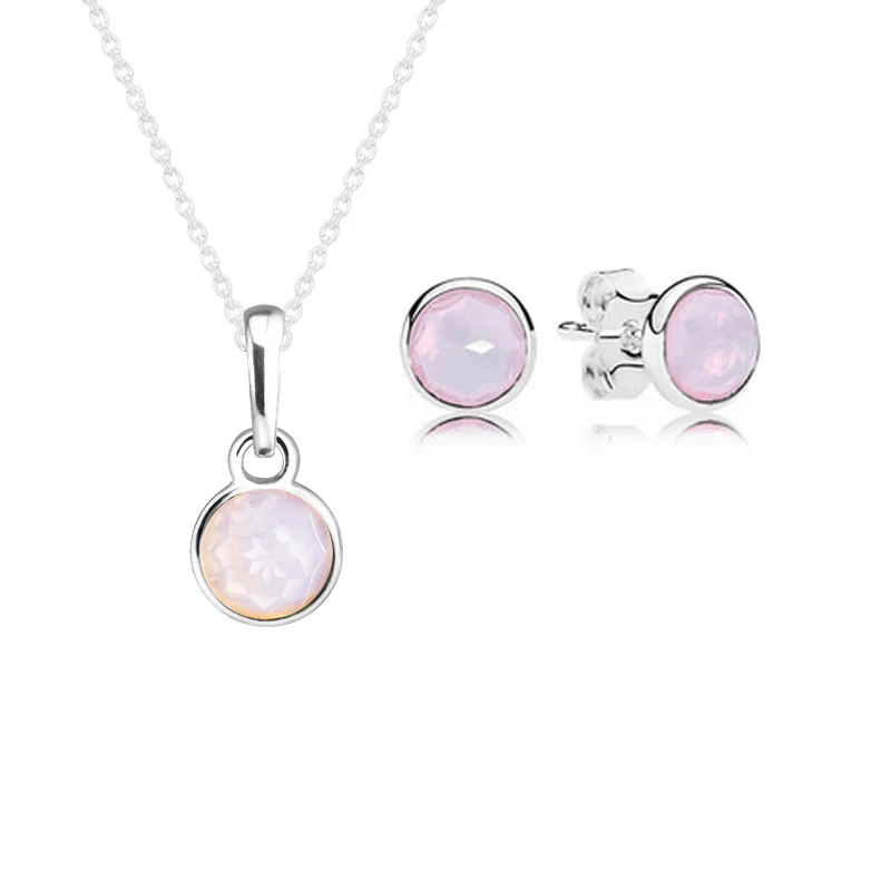 

October Droplet Necklace Stud Earrings 100% 925 Sterling Silver Opalescent Pink Crystal Jewelry Set for Women Girl Gift FS506-10