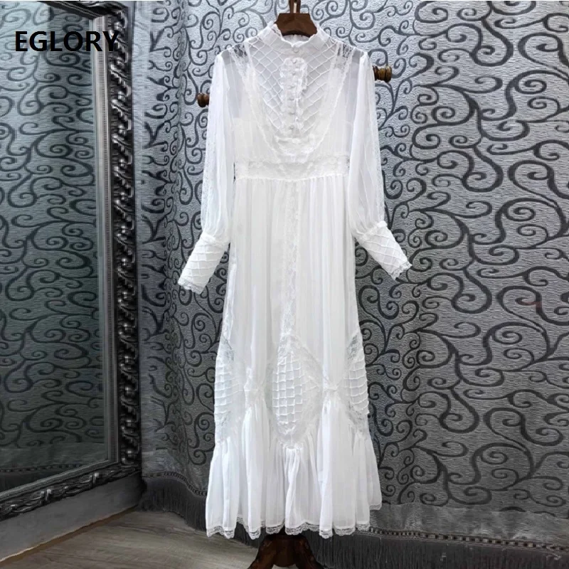 

Top Grade Designer Dress Luxurious Women Lace Plaid Pattern Long Sleeve Ankle Length White Black Long Party Evening Lady Dresses