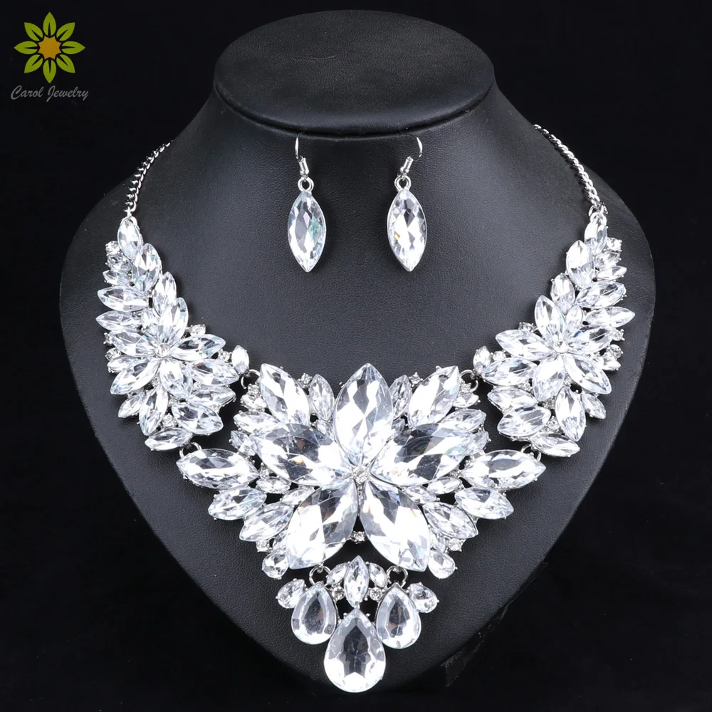 Fashion Silver Plated Bridal Jewelry Set for Brides Crystal Necklace ...