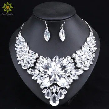 

Fashion Silver Plated Bridal Jewelry Set for Brides Crystal Necklace Earrings Wedding Party Costume Accessories Decoration Women