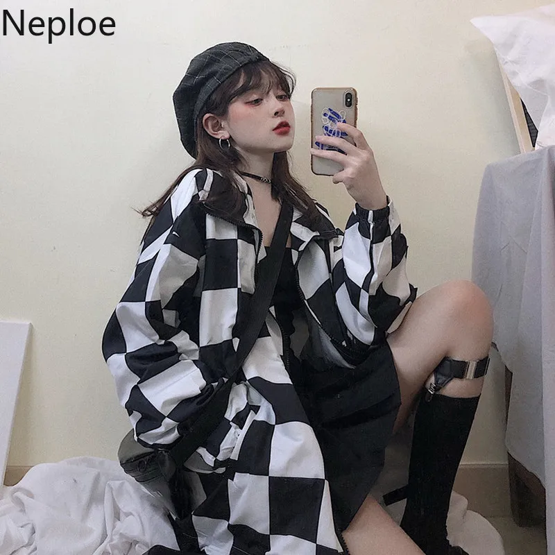 Neploe Autumn Loose Plaid Lovers Jackets Casual Turn Down Collar Zipper Denim Jacket Harajuku Style Open Stich Clothes 45505