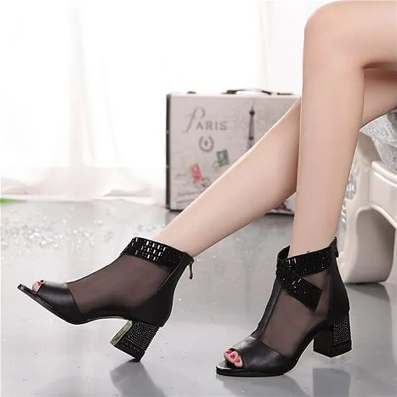 2019 Roman style sandals female with mesh fish mouth shoes thick with sexy women's shoes thick heel cool boots plus 33-41size