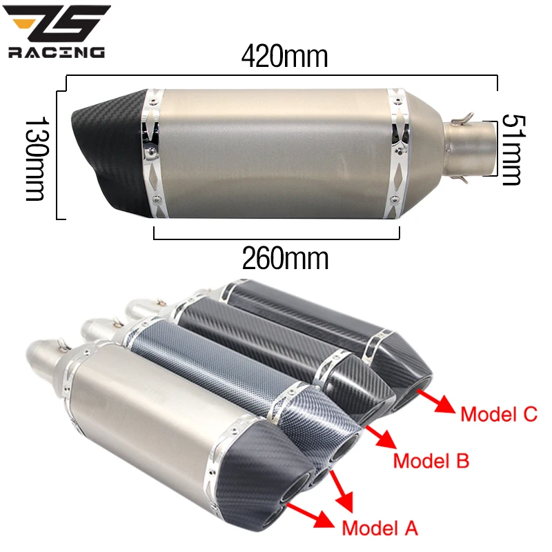 

ZS Racing Universal Inlet 51mm Motorcycle Exhaust Muffler Pipe Stainless Steel Motorbike Akrapovic Muffler Exhaust Escape