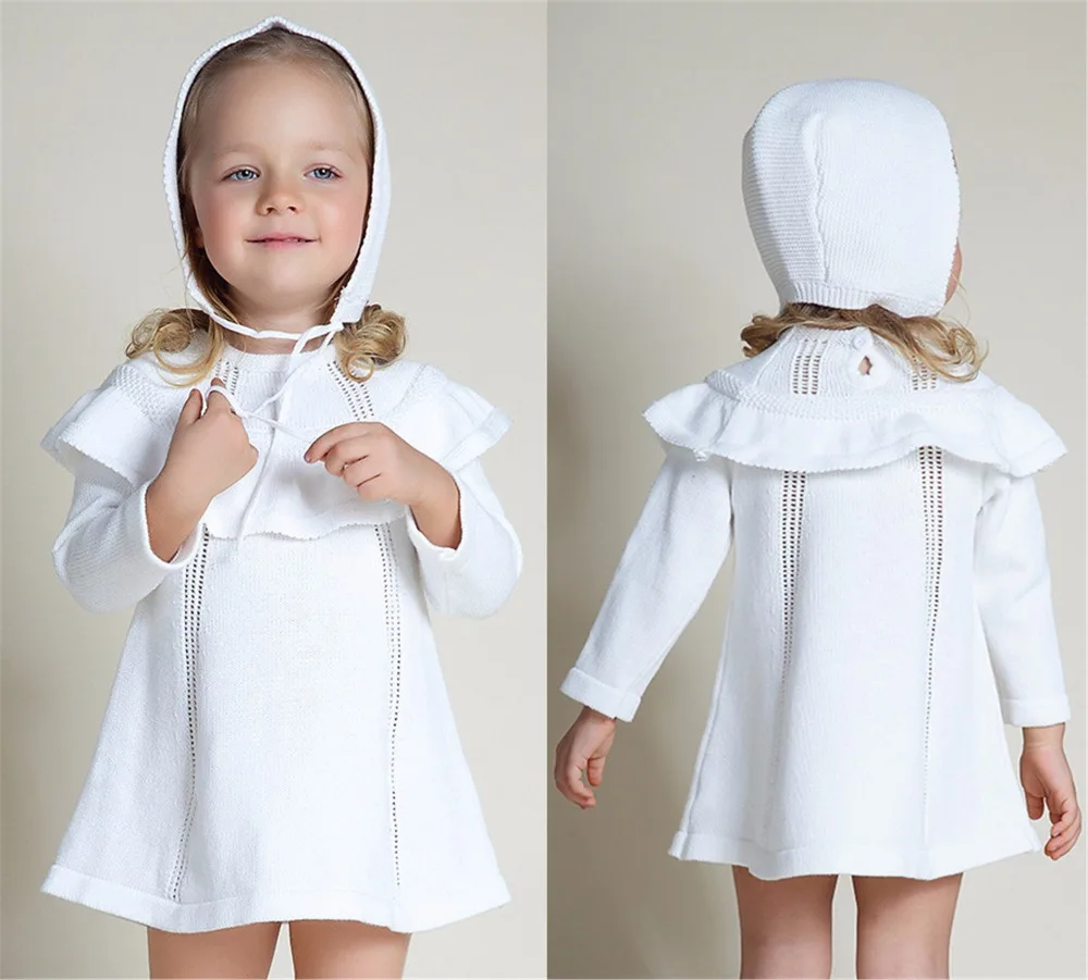 

Girls Kids Sweater Dresses Winter Knit Toddler Infant Birthday Party Wear White A-Line Newborn Baby Princess Dress With Hat Sets