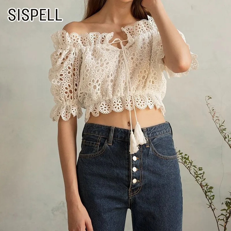 SISPELL Лето кружево выдалбливают Короткие Длина для женщин рубашка с открытыми плечами платье с рукавами фонариками Тонкий Повседневная
