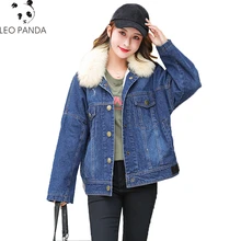 Новая осенне-зимняя женская короткая джинсовая куртка пальто тонкий берберский флисовый меховой воротник хлопковые джинсы утепленная верхняя одежда LCY878
