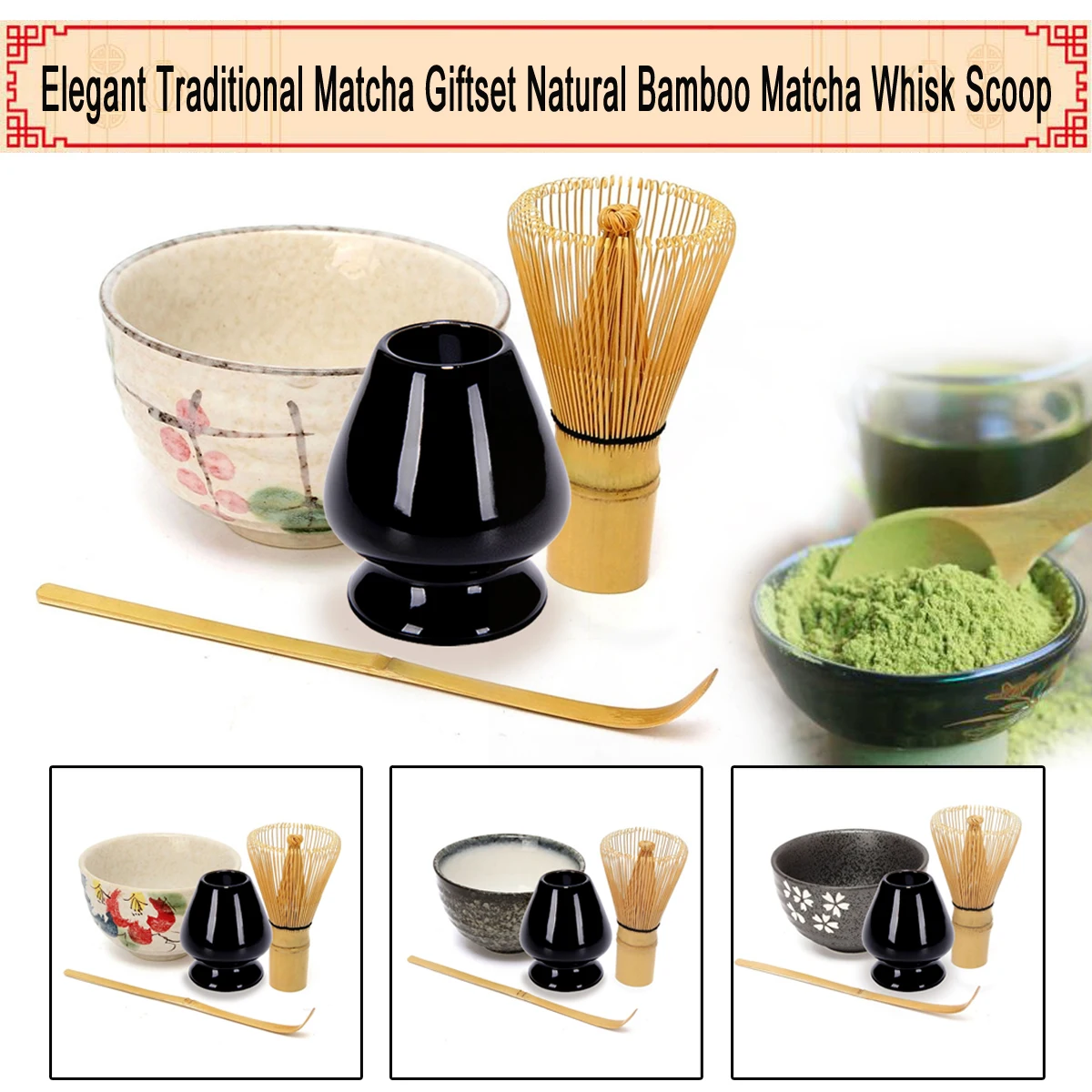 Bamboo Spoon Suit for Traditional Tea Ceremony #1 4 in 1 Matcha Whisk Set Bamboo Whisk Exquisite Porcelain Chasen Stand Ceramic Holder Bamboo Scoop