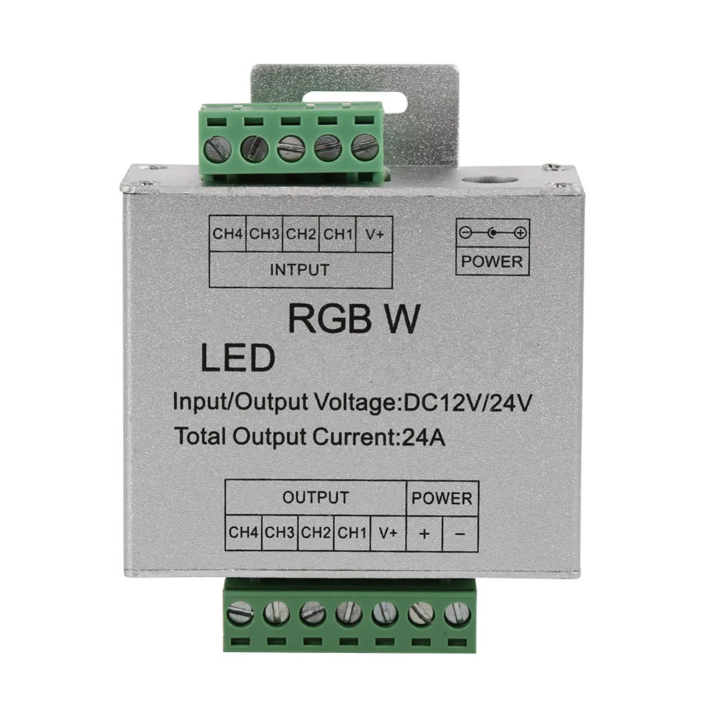 

Signal RGBW Amplifier 4 Channel Output Circuit LED Amplifiers Aluminum Shell LED Strip Controller DC12-24V 24A