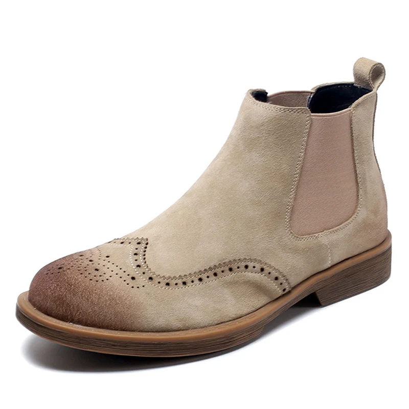 

OUDINIAO Spring Fashion 2018 Chelsea Boots Men Slip On Cow Suede Brogue Boots Mens Round Toe Split Leather Men Ankle Boots
