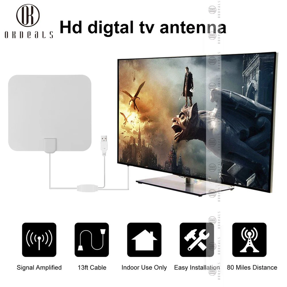 Плоская HD ТВ усиленная цифровая антенна для использования в помещениях с высоким коэффициентом усиления HD tv 80 Miles Range ATSC DVB ISDB со съемным усилителем сигнала