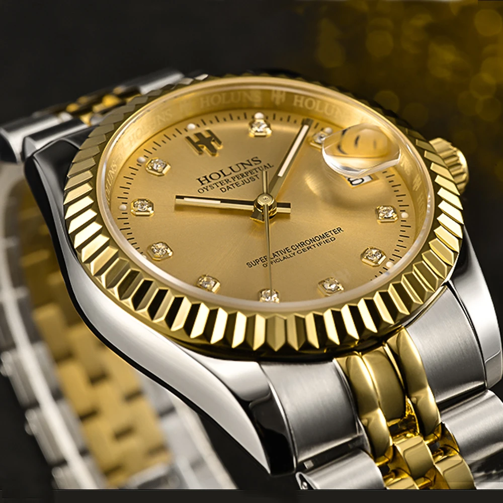 HOLUNS механические часы для мужчин с бриллиантами люксовый бренд золото сталь Автоматические наручные часы Бизнес Платье Мужские часы Relogio Masculino
