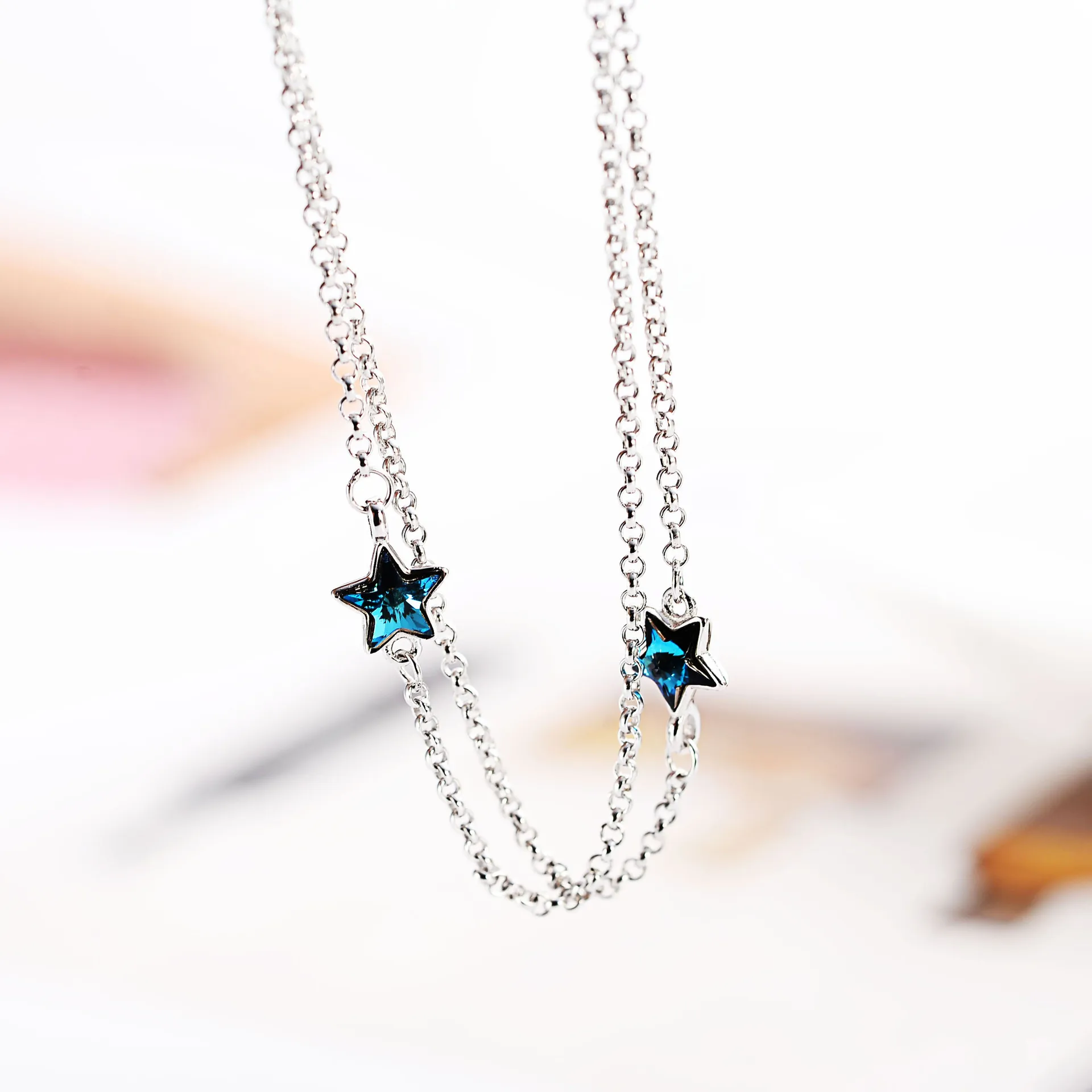 sea blue crystal star double-deck bracelet 100% 925 Sterling Silver Jewelry fashion hypoallergenic bracelets for girl gift