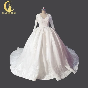 

Rhine Real Sample Image Sexy V Neck Long Sleeves Lace Chapel Train Open Back vestido de noiva New Bridal Wedding Gown