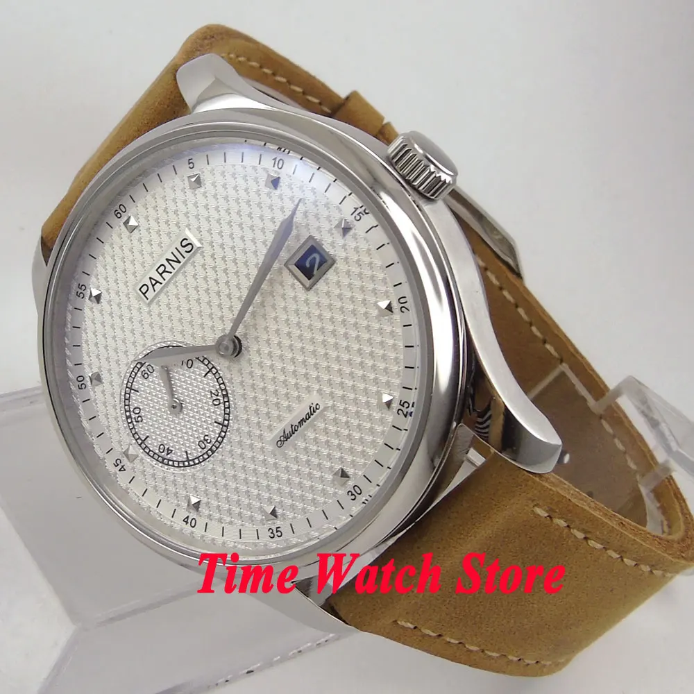 

Parnis 43mm polished automatic men's watch white dial silver hands date window small second hand waterproof back see through