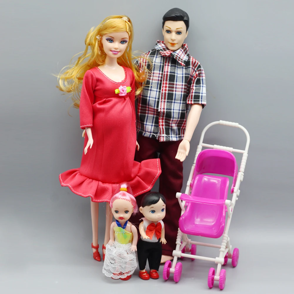 

Family 5 People Dolls Suits 1 Mom/1 Dad/ two baby/1 Baby Carriage for Girl 1/6 doll,Real Pregnant Doll Kid Gift Toys