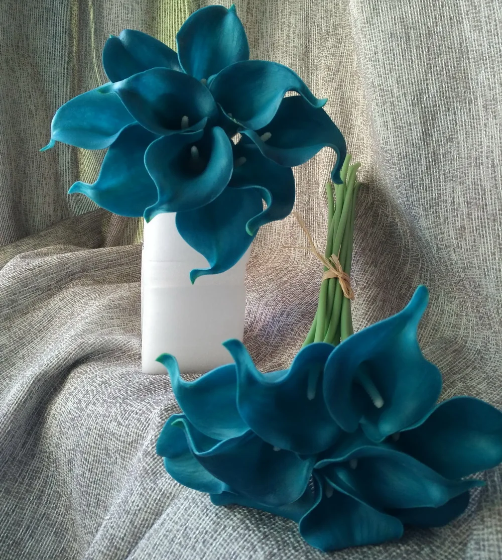Por Teal Blue Flowers Lots From 10 Stems Teal Calla Lilies Bouquet Flowers Real Touch Blue Lily Latex Wedding
