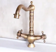 Vintage Retro Antique Brass Double Cross Handles Swivel Spout Kitchen Sink Bathroom Vessel Basin Faucet Mixer Tap anf247