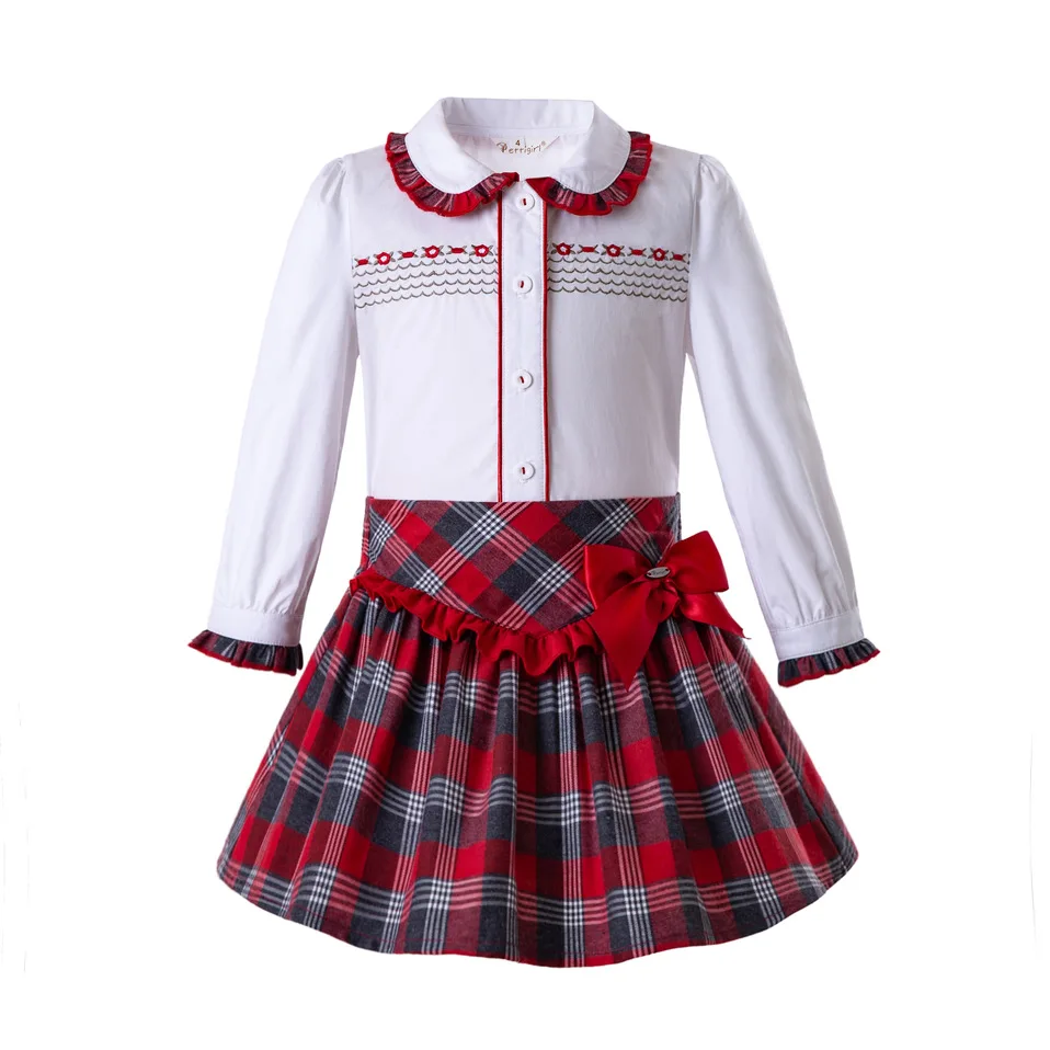 

Pettigirl Wholesale Autumn Baby Girls Clothing Set White Shirt+Red Grid Skirts Vintage Girl Sets Childrern Clothes G-DMCS108-C80
