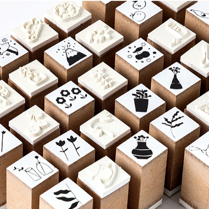 12 Pcs/set Vintage Animals Plants Foods Stamp Diy Wooden Rubber Stamps