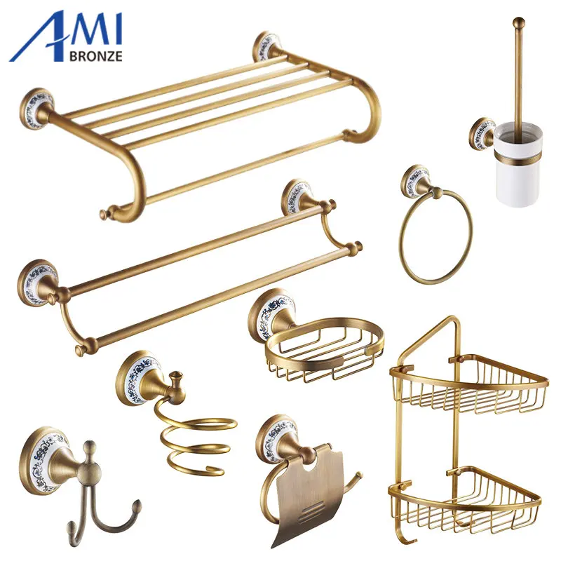 Cena Antyczne szczotkowane miedź i porcelana wyposażenie łazienkowe półka na ręczniki wieszak na ręczniki uchwyt na papier wieszak na ubrania akcesoria łazienkowe BS04