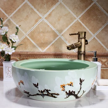 

China Artistic Handmade Counter top Ceramic Bathroom Vessel Sink hand washing sink Hand Painted Ceramic Bathroom Basin