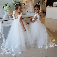 Vestidos de niña de flores para bodas Vintage blanco hecho a medida princesa tutú con lentejuelas apliques lazo de encaje niños Primera Comunión G