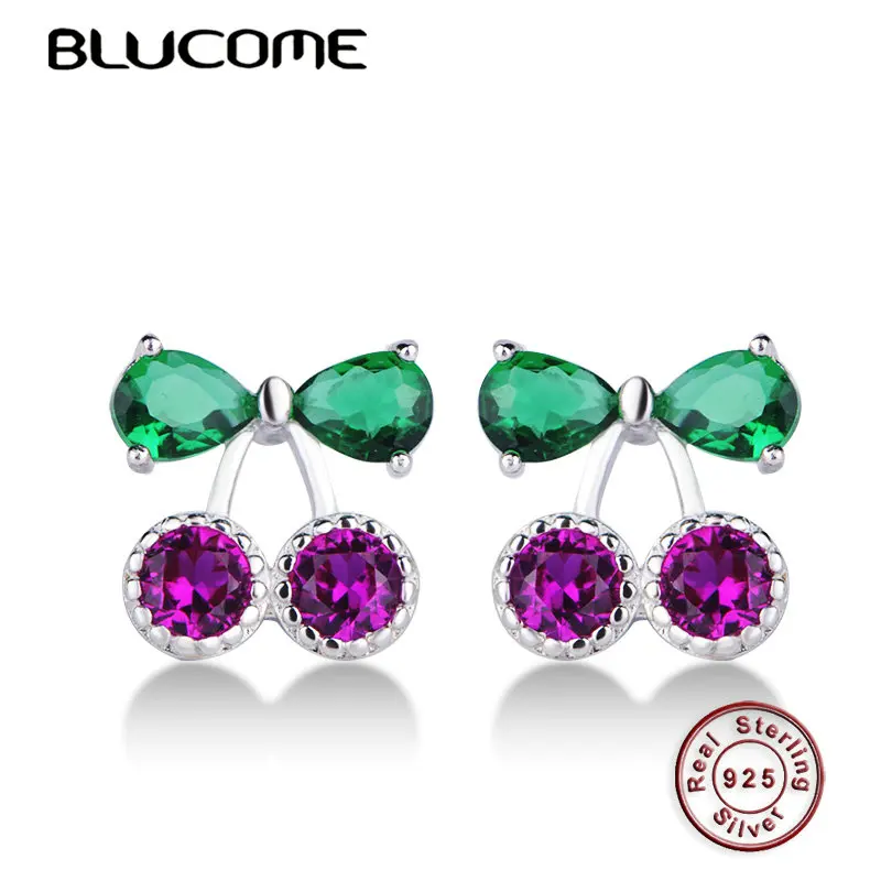 

Blucome Real 925 Sterling Silver Leaf Cherry Shape Small Stud Earrings Rhinestones Jewelry Women Girls Party Fashion Accessories