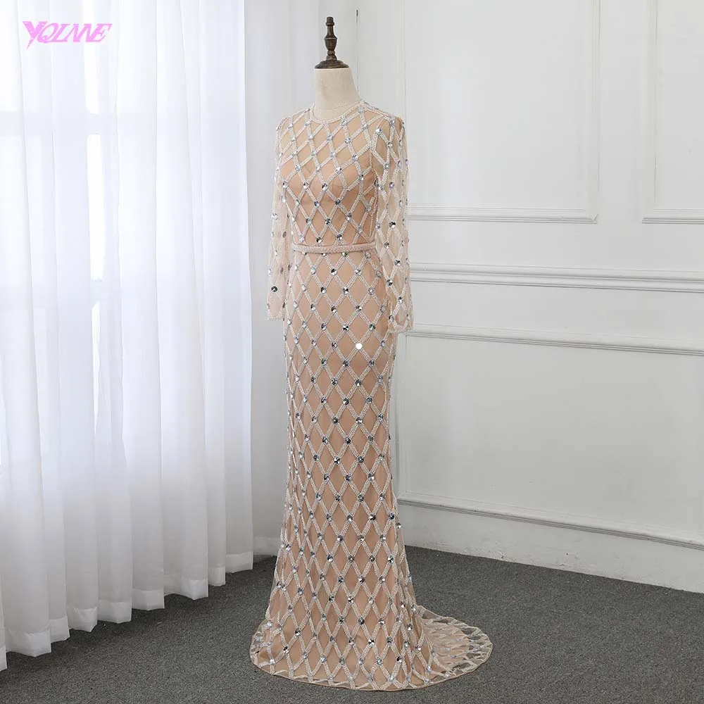 Luxury Crystals Mermaid Evening Dress Long Sleeve Robe De Soiree Evening Gown Formal Dresses